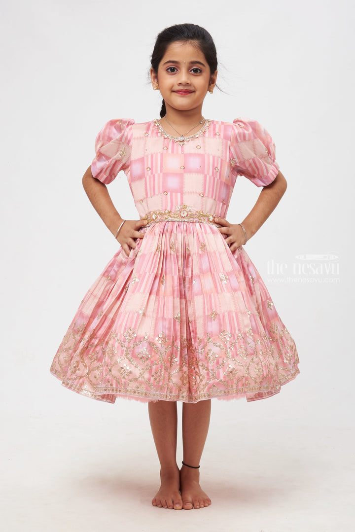 The Nesavu Silk Embroidered Frock Gleaming Pink Allure: Geometric Printed Frock with Zari & Sequin Embellishments for Girls- Trendy Silk Frock Designs Nesavu 18 (2Y) / Pink / Silk Blend SF714-18 Embroidered Pattu Frock | Silk Frock for Girls | The Nesavu