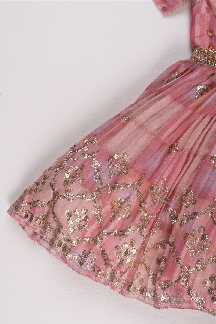 The Nesavu Silk Embroidered Frock Gleaming Pink Allure: Geometric Printed Frock with Zari & Sequin Embellishments for Girls- Trendy Silk Frock Designs Nesavu Embroidered Pattu Frock | Silk Frock for Girls | The Nesavu