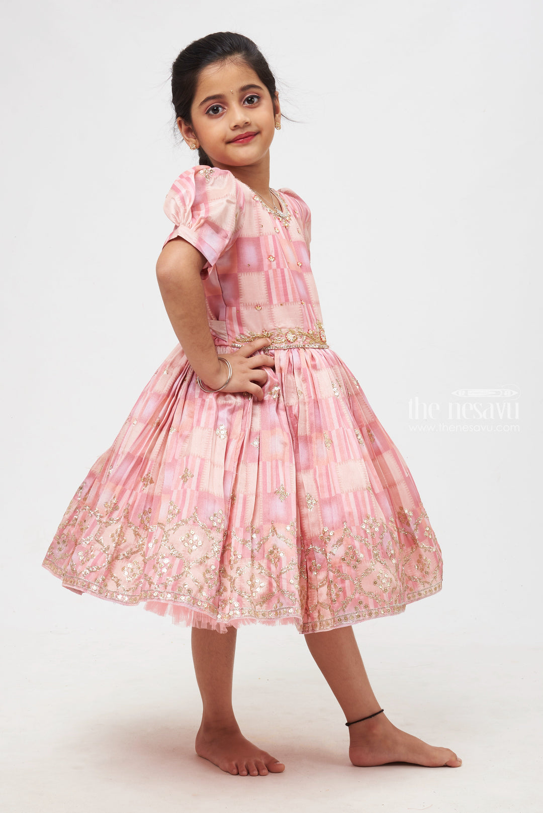 The Nesavu Silk Embroidered Frock Gleaming Pink Allure: Geometric Printed Frock with Zari & Sequin Embellishments for Girls- Trendy Silk Frock Designs Nesavu Embroidered Pattu Frock | Silk Frock for Girls | The Nesavu