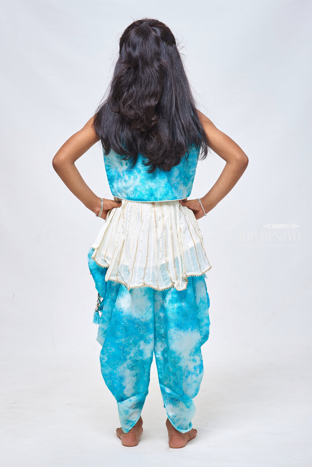 The Nesavu Girls Dothi Sets Glistening Sequin White Kurti & Tie-Dyed Blue Dhoti: Festive Elegance for Girls Nesavu Elegant Kurti With Dhoti Set | Girls Festive Outfit Buy Online | the Nesavu