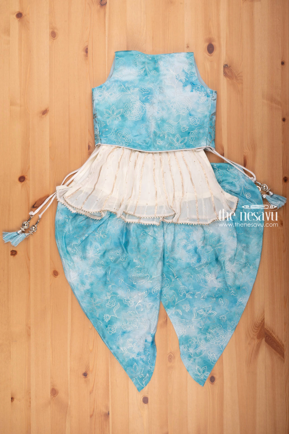 The Nesavu Girls Sharara / Plazo set Glistening Sequin White Kurti & Tie-Dyed Blue Dhoti: Festive Elegance for Girls Nesavu Elegant Kurti With Dhoti Set | Girls Festive Outfit Buy Online | the Nesavu