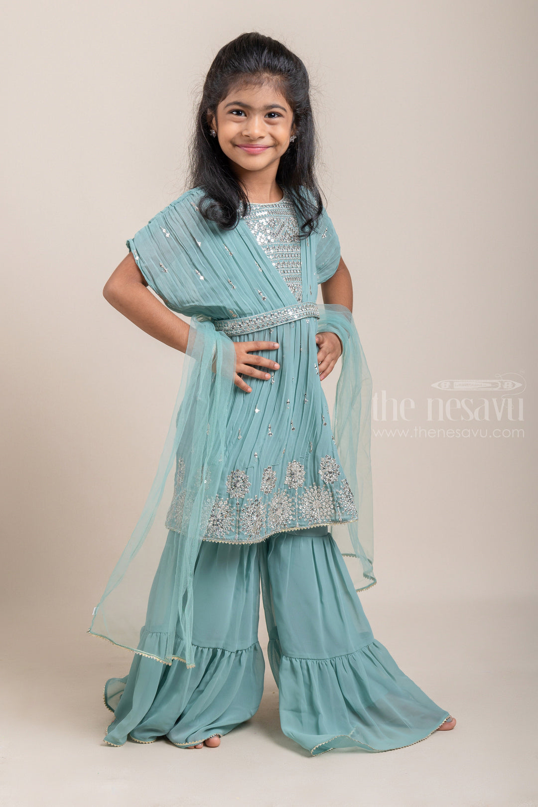 The Nesavu Sets & Suits Glitter Sequin Embroidered Flared Green Kurti and Palazzo Suit for Girls with Organza Dupatta psr silks Nesavu