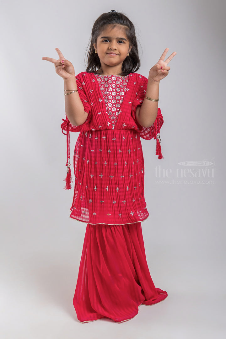 The Nesavu Girls Sharara / Plazo Set Glitter Sequin Embroidered Flared Red Kurti and Palazzo Suit for Girls psr silks Nesavu 16 (1Y) / Red GPS150A