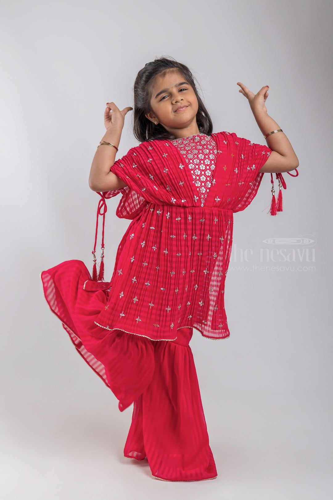 The Nesavu Girls Sharara / Plazo Set Glitter Sequin Embroidered Flared Red Kurti and Palazzo Suit for Girls psr silks Nesavu