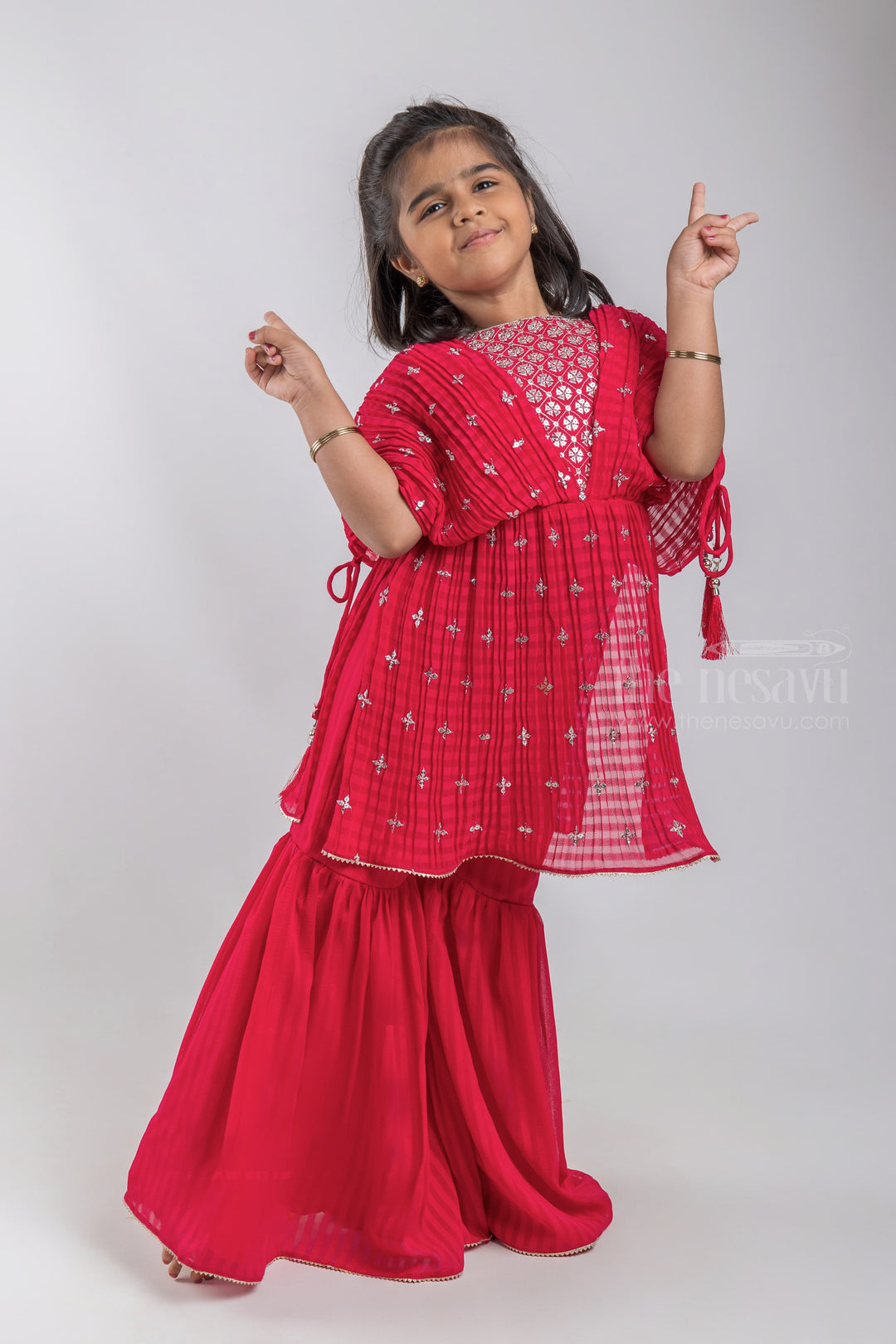 The Nesavu Girls Sharara / Plazo Set Glitter Sequin Embroidered Flared Red Kurti and Palazzo Suit for Girls psr silks Nesavu