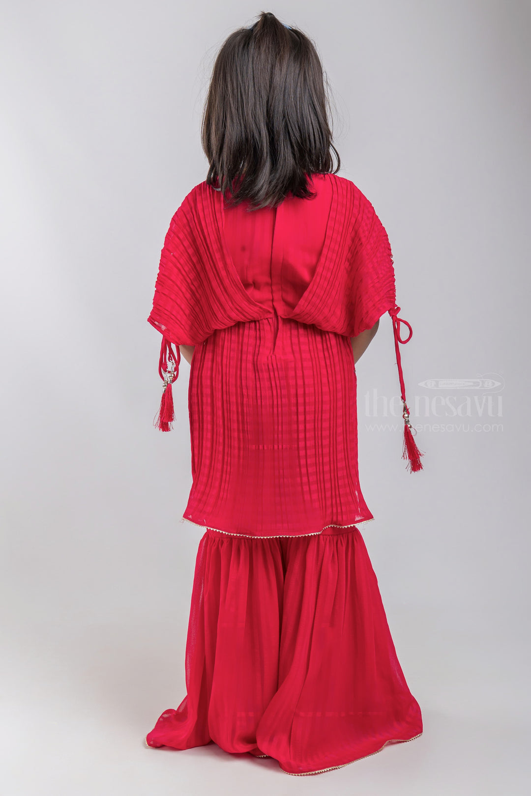 The Nesavu Girls Sharara / Plazo Set Glitter Sequin Embroidered Flared Red Kurti and Palazzo Suit for Girls psr silks Nesavu