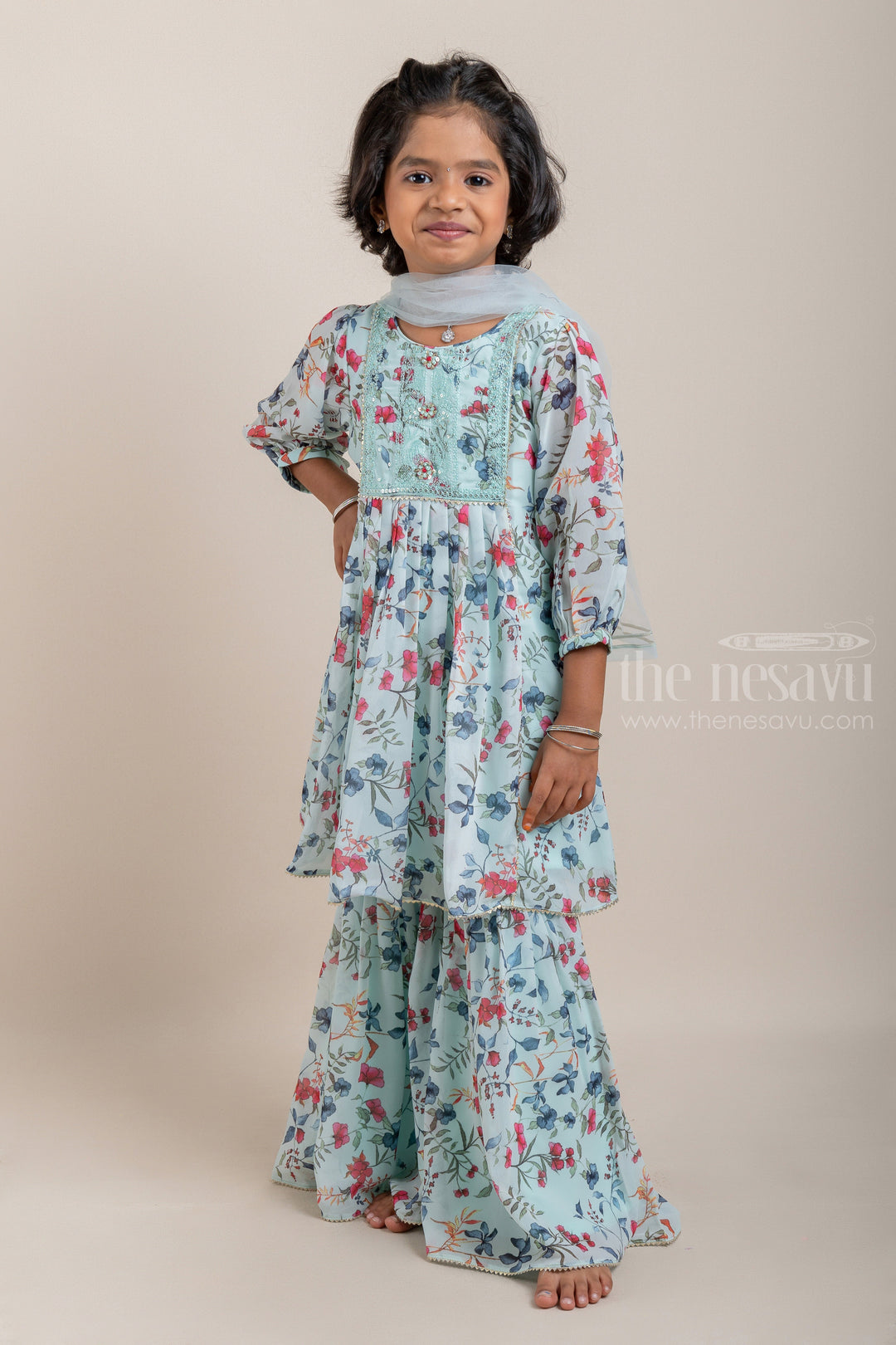 The Nesavu Sets & Suits Glitter Sequin Embroidered Floral Printed Turquoise Blue Kurti and Palazzo Suit for Girls with Organza Dupatta psr silks Nesavu 16 (1Y) / Turquoise GPS149A