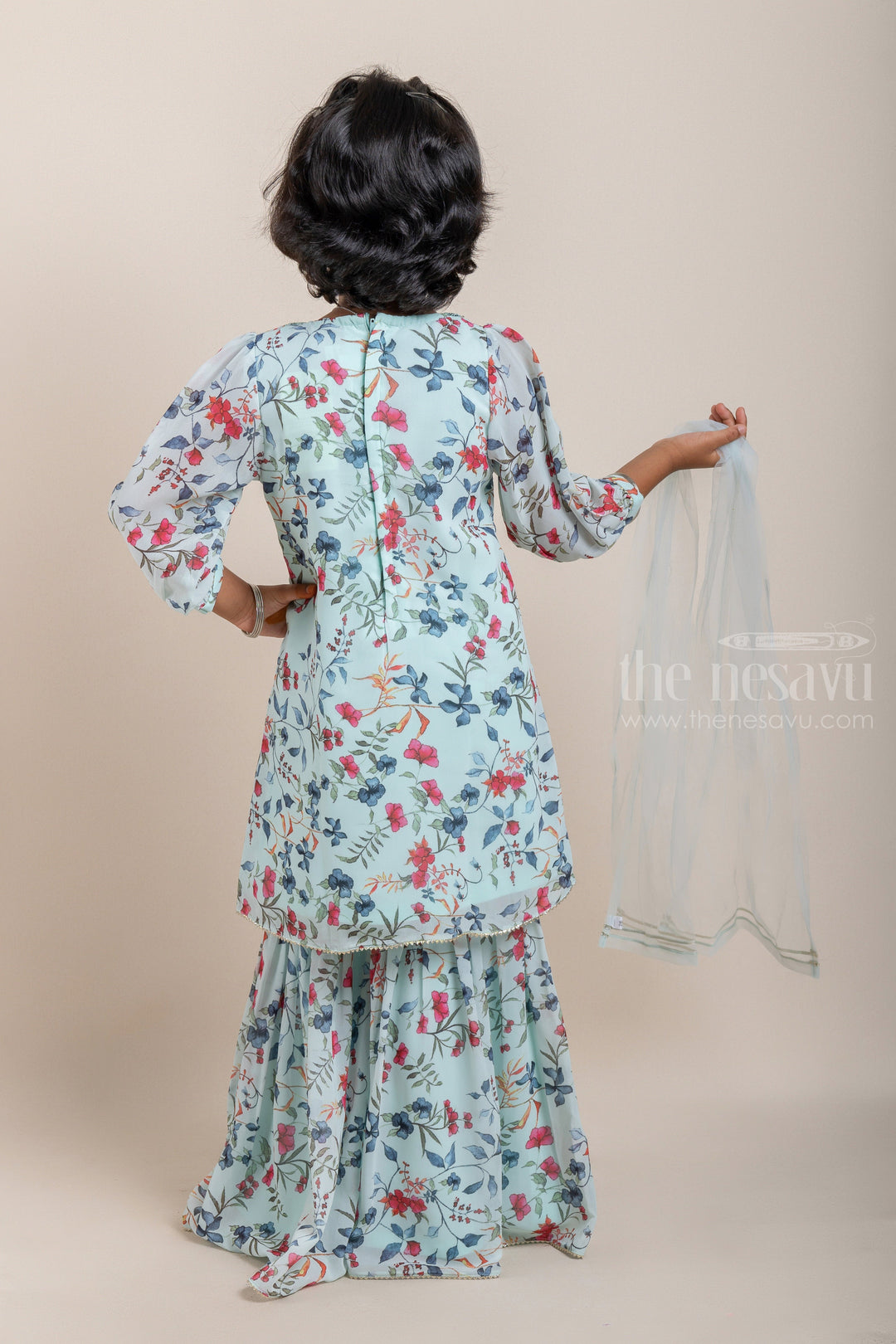 The Nesavu Sets & Suits Glitter Sequin Embroidered Floral Printed Turquoise Blue Kurti and Palazzo Suit for Girls with Organza Dupatta psr silks Nesavu