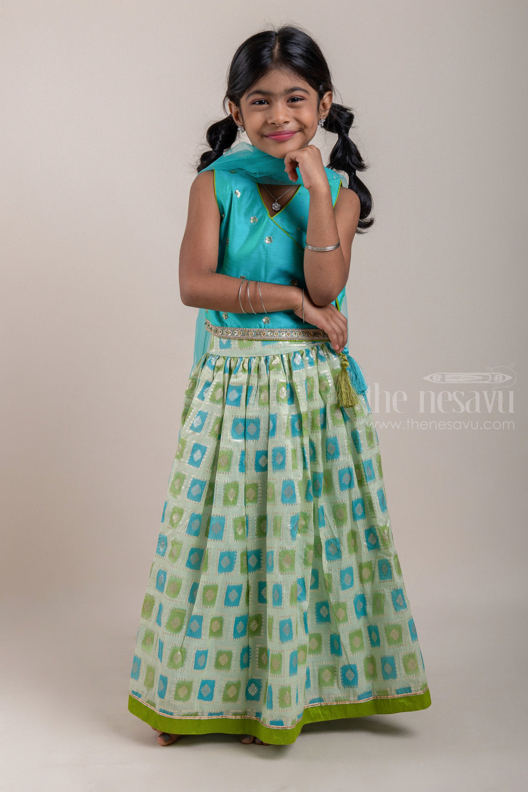 The Nesavu Lehenga & Ghagra Glitter Sequin Embroidered Green Top and Green Butta Printed Lehenga Choli Nesavu 14 (6M) / Green / Organza GL347B-14 Latest Lehenga Choli Collection | Premium Lehenga Choli | The Nesavu