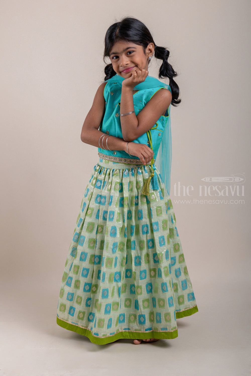 The Nesavu Lehenga & Ghagra Glitter Sequin Embroidered Green Top and Green Butta Printed Lehenga Choli Nesavu Latest Lehenga Choli Collection | Premium Lehenga Choli | The Nesavu