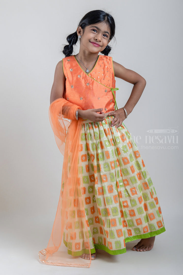 The Nesavu Lehenga & Ghagra Glitter Sequin Embroidered Orange Top and Green Butta Printed Lehenga Choli Nesavu Latest Lehenga Choli Collection | Premium Lehenga Choli | The Nesavu