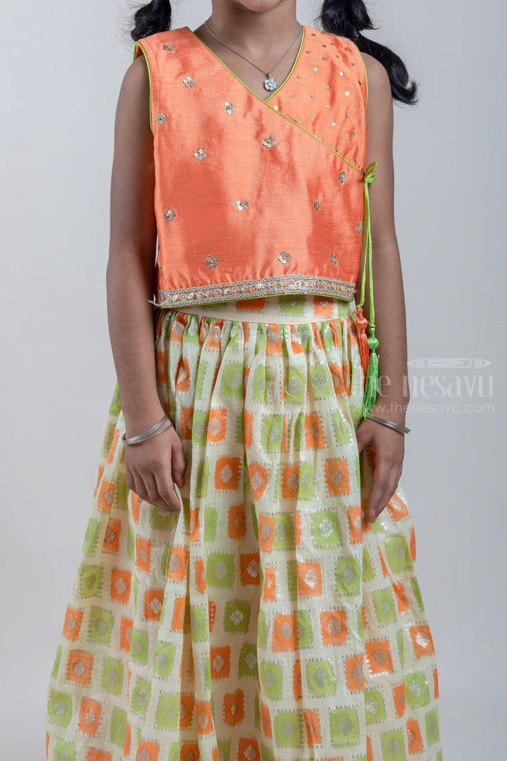 The Nesavu Lehenga & Ghagra Glitter Sequin Embroidered Orange Top and Green Butta Printed Lehenga Choli Nesavu Latest Lehenga Choli Collection | Premium Lehenga Choli | The Nesavu