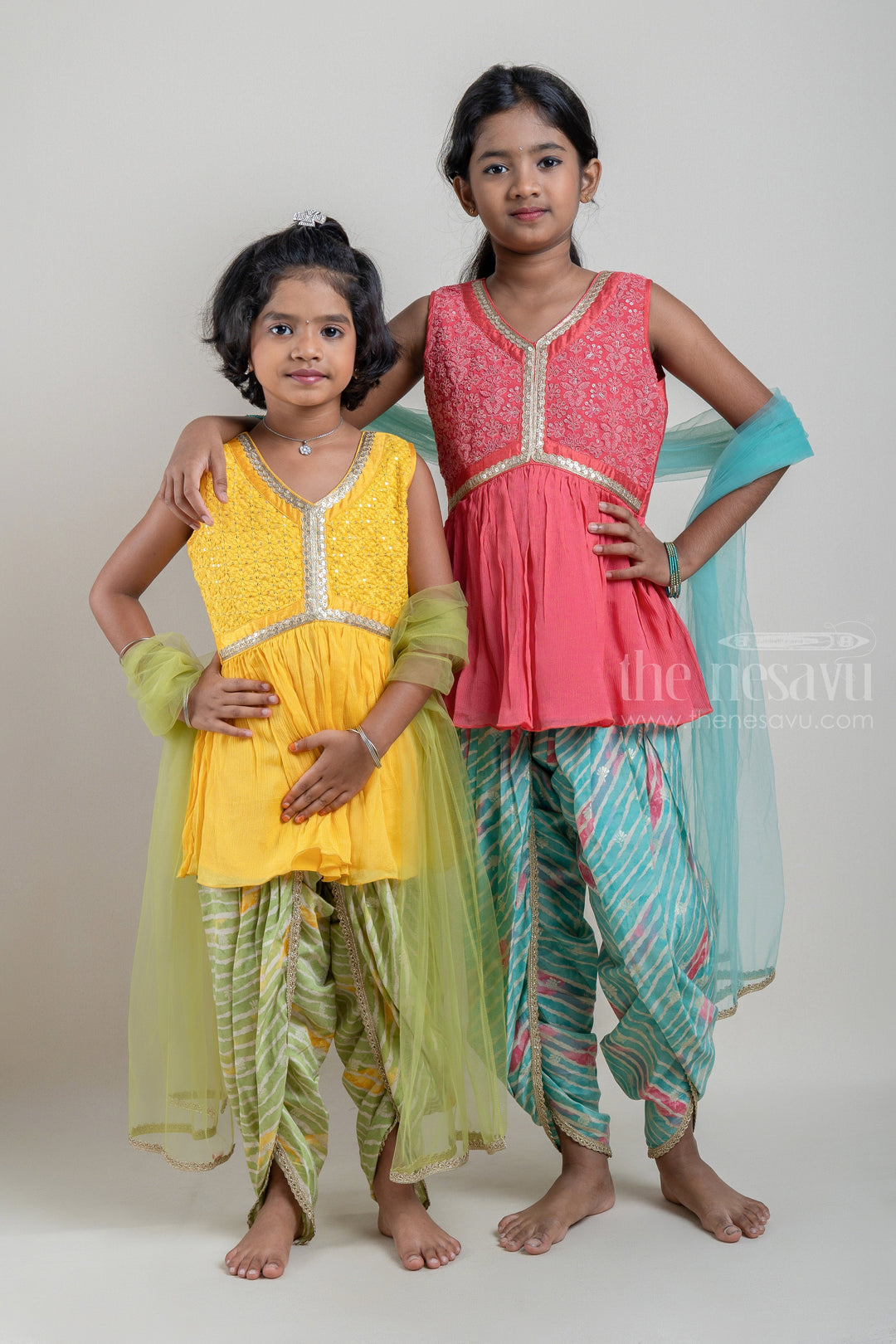 The Nesavu Sets & Suits Glitter Sequin Embroidered Red Kurti and Striped Green Pant for Girls with Organza Dupatta psr silks Nesavu