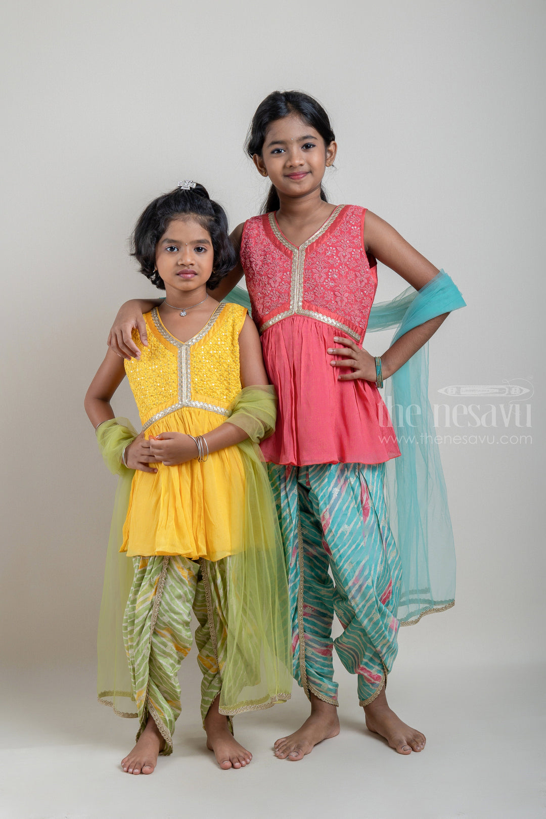 The Nesavu Sets & Suits Glitter Sequin Embroidered Red Kurti and Striped Green Pant for Girls with Organza Dupatta psr silks Nesavu