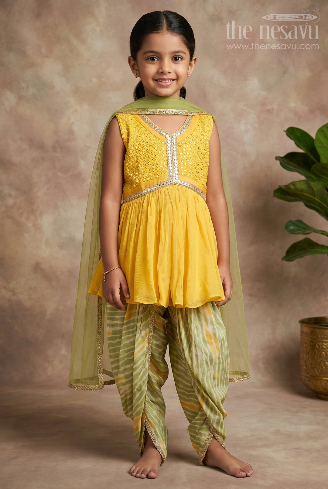 The Nesavu Girls Dothi Sets Glitter Sequin Embroidered Yellow Kurti and Striped Green Pant for Girls with Organza Dupatta Nesavu 20 (3Y) / Green / Rayon GPS148A-20 Glitter Sequin Embroidered Yellow Kurti and Striped Green Pant for Girls | The Nesavu