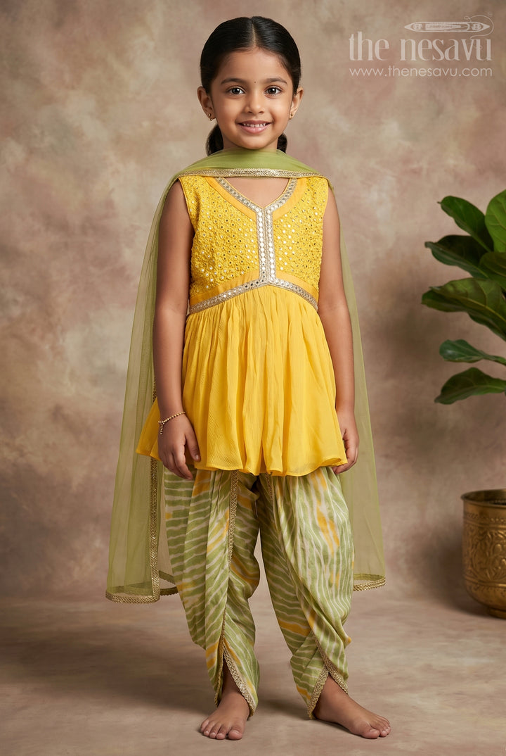 The Nesavu Girls Dothi Sets Glitter Sequin Embroidered Yellow Kurti and Striped Green Pant for Girls with Organza Dupatta Nesavu 20 (3Y) / Green / Rayon GPS148A-20 Glitter Sequin Embroidered Yellow Kurti and Striped Green Pant for Girls | The Nesavu