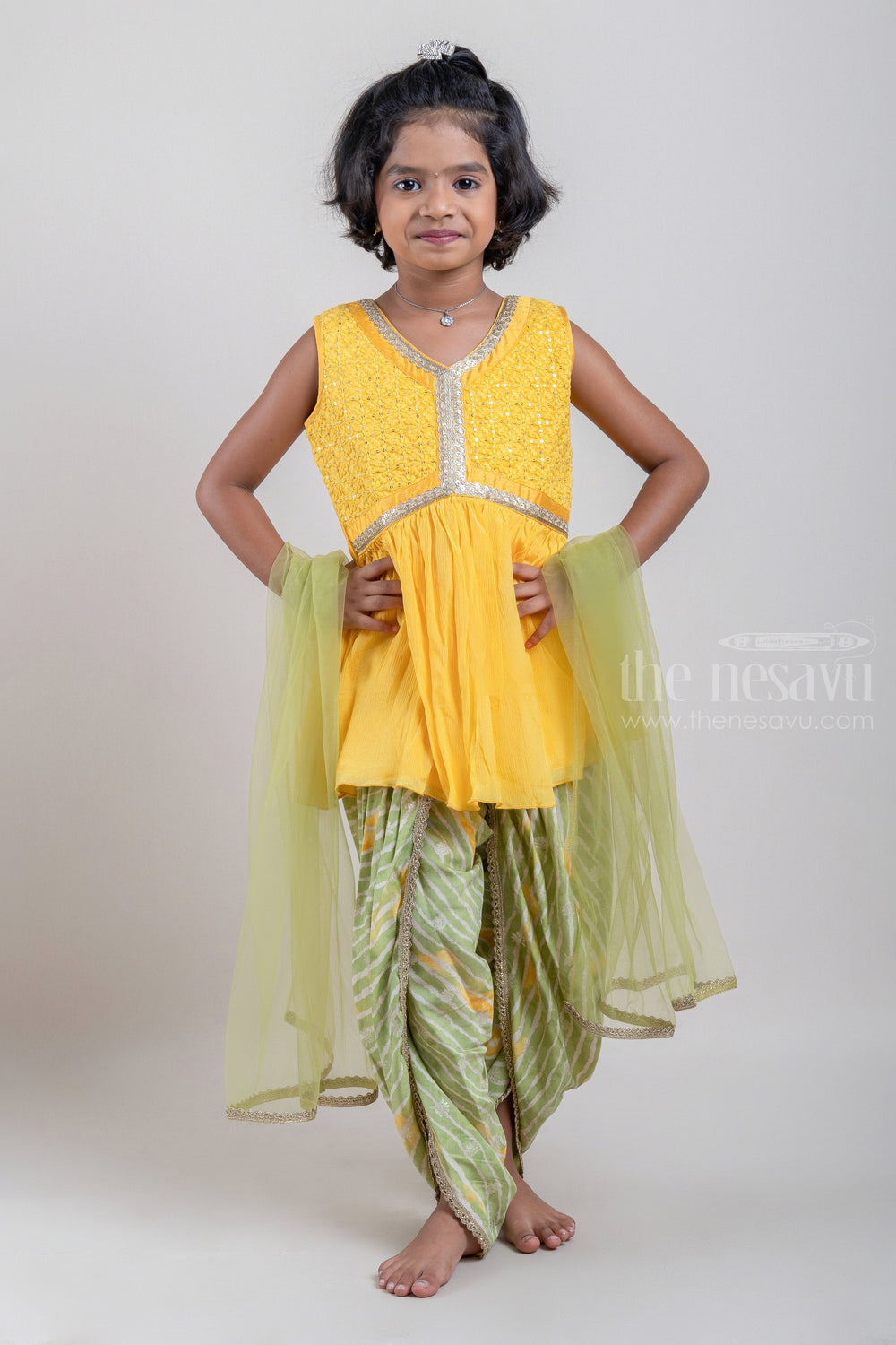 The Nesavu Sets & Suits Glitter Sequin Embroidered Yellow Kurti and Striped Green Pant for Girls with Organza Dupatta psr silks Nesavu