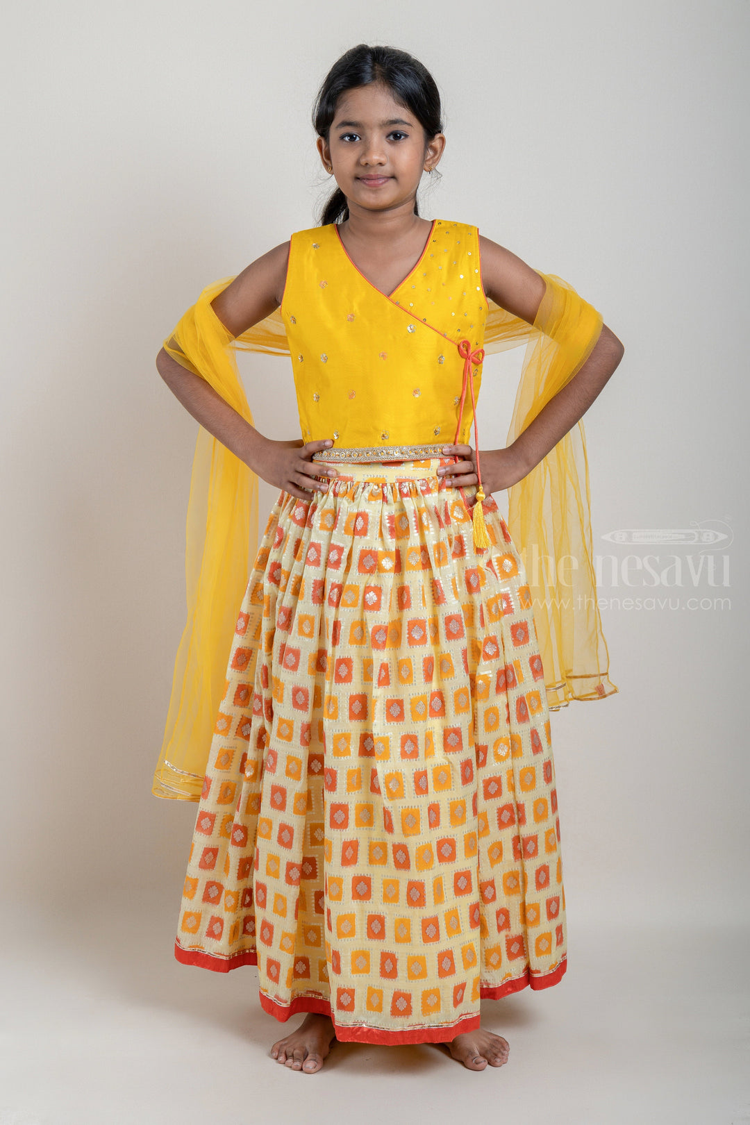 The Nesavu Lehenga & Ghagra Glitter Sequin Embroidered Yellow Top and Yellow Butta Printed Lehenga Choli Nesavu 14 (6M) / Yellow / Organza GL347D-14 Latest Lehenga Choli Collection | Premium Lehenga Choli | The Nesavu