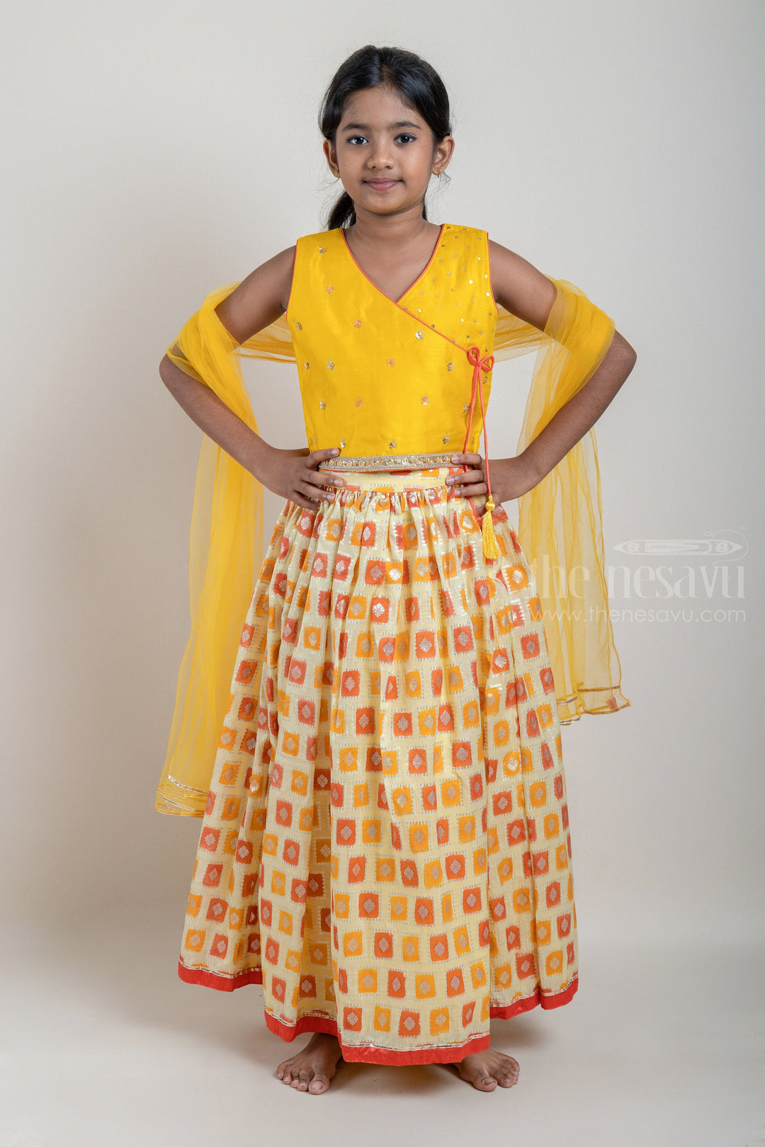 Glitter Sequin Embroidered Yellow Top and Yellow Butta Printed Lehenga Choli
