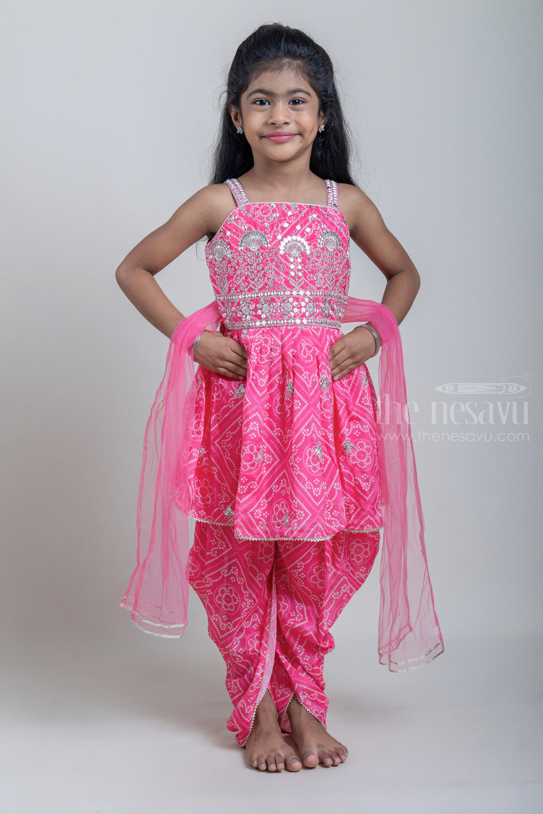 The Nesavu Sets & Suits Glitter Sequin with Floral Embroidered Pink Top with Peplum and Floral Printed Palazzo Suit for Girls psr silks Nesavu 16 (1Y) / Pink GPS135C
