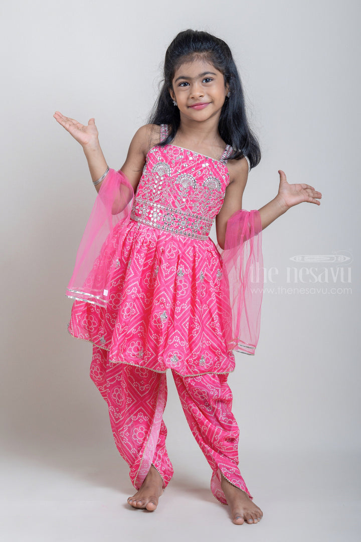 The Nesavu Sets & Suits Glitter Sequin with Floral Embroidered Pink Top with Peplum and Floral Printed Palazzo Suit for Girls psr silks Nesavu