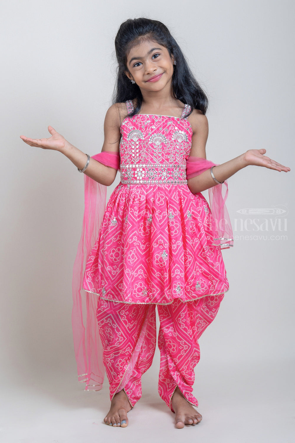 The Nesavu Sets & Suits Glitter Sequin with Floral Embroidered Pink Top with Peplum and Floral Printed Palazzo Suit for Girls psr silks Nesavu
