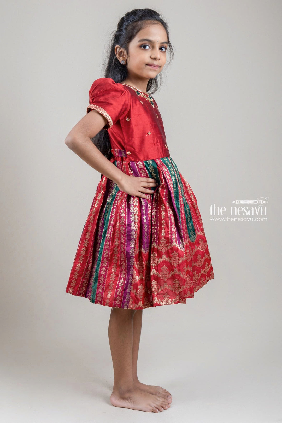 The Nesavu Silk Party Frock Glitter Sequined Floral Designer Red Silk Frock For Girls Nesavu traditional Silk Frock For Girls | Festive wear frock | The Nesavu
