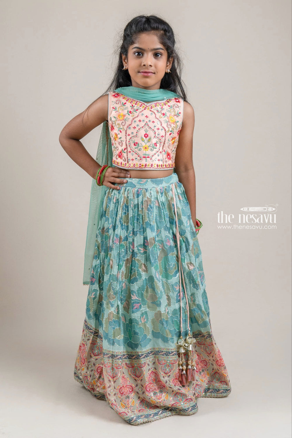 The Nesavu Lehenga & Ghagra Glitter Sequined Floral Embroidered Salmon Pink Crop Top with Pleated Floral Printed Green Lehenga Choli for Girls Nesavu 24 (5Y) / Green / Georgette GL344-24 Glitter Sequin and Floral Embroidered Lehenga Choli for Girls | The Nesavu