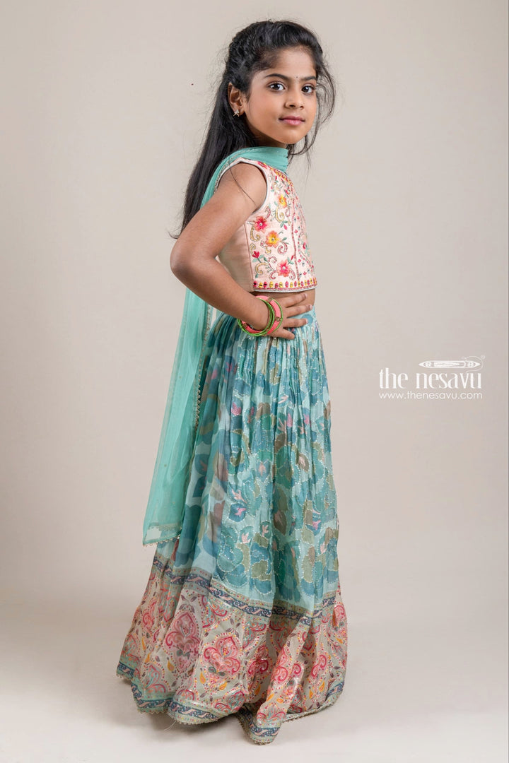 The Nesavu Lehenga & Ghagra Glitter Sequined Floral Embroidered Salmon Pink Crop Top with Pleated Floral Printed Green Lehenga Choli for Girls Nesavu Glitter Sequin and Floral Embroidered Lehenga Choli for Girls | The Nesavu