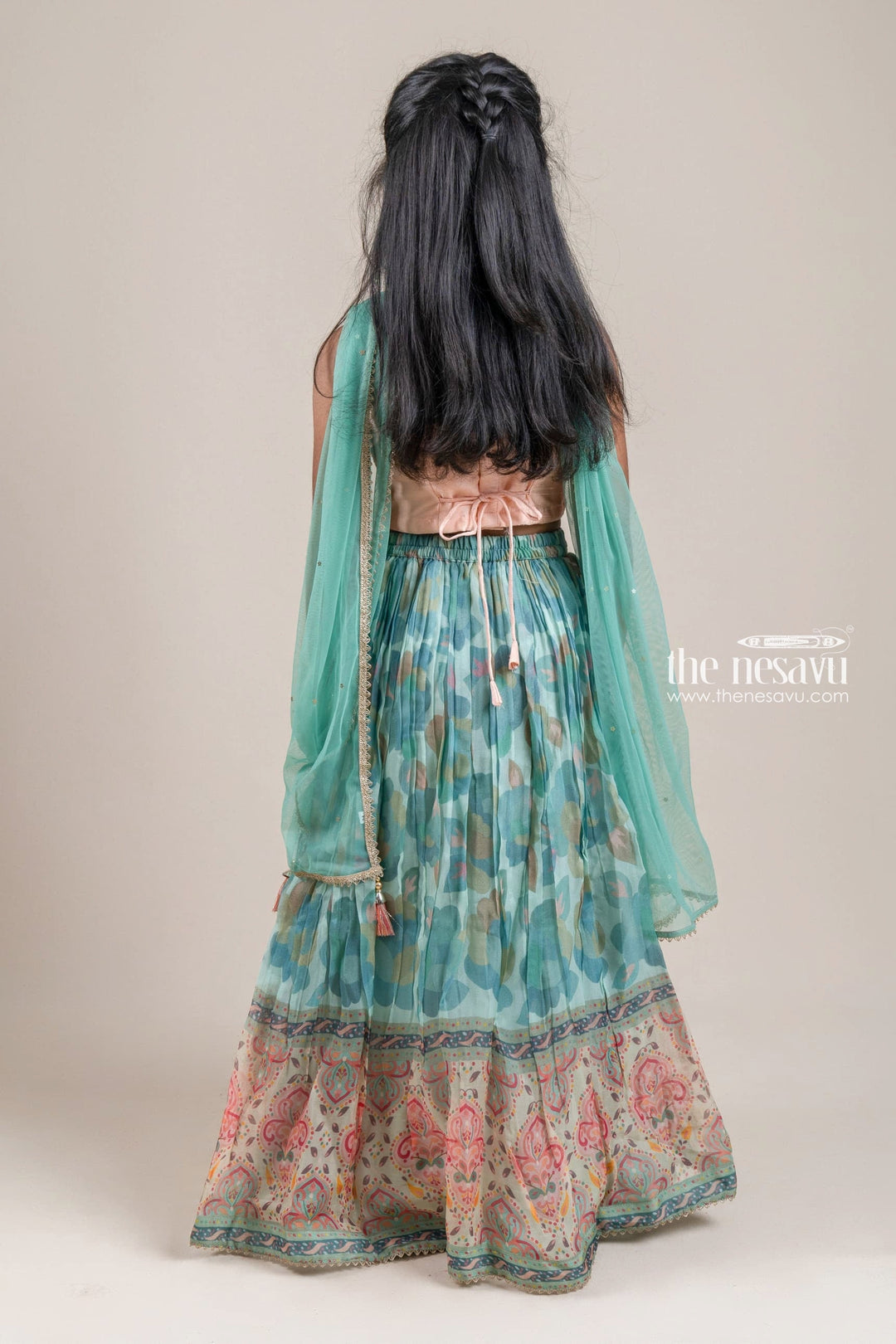 The Nesavu Lehenga & Ghagra Glitter Sequined Floral Embroidered Salmon Pink Crop Top with Pleated Floral Printed Green Lehenga Choli for Girls Nesavu Glitter Sequin and Floral Embroidered Lehenga Choli for Girls | The Nesavu