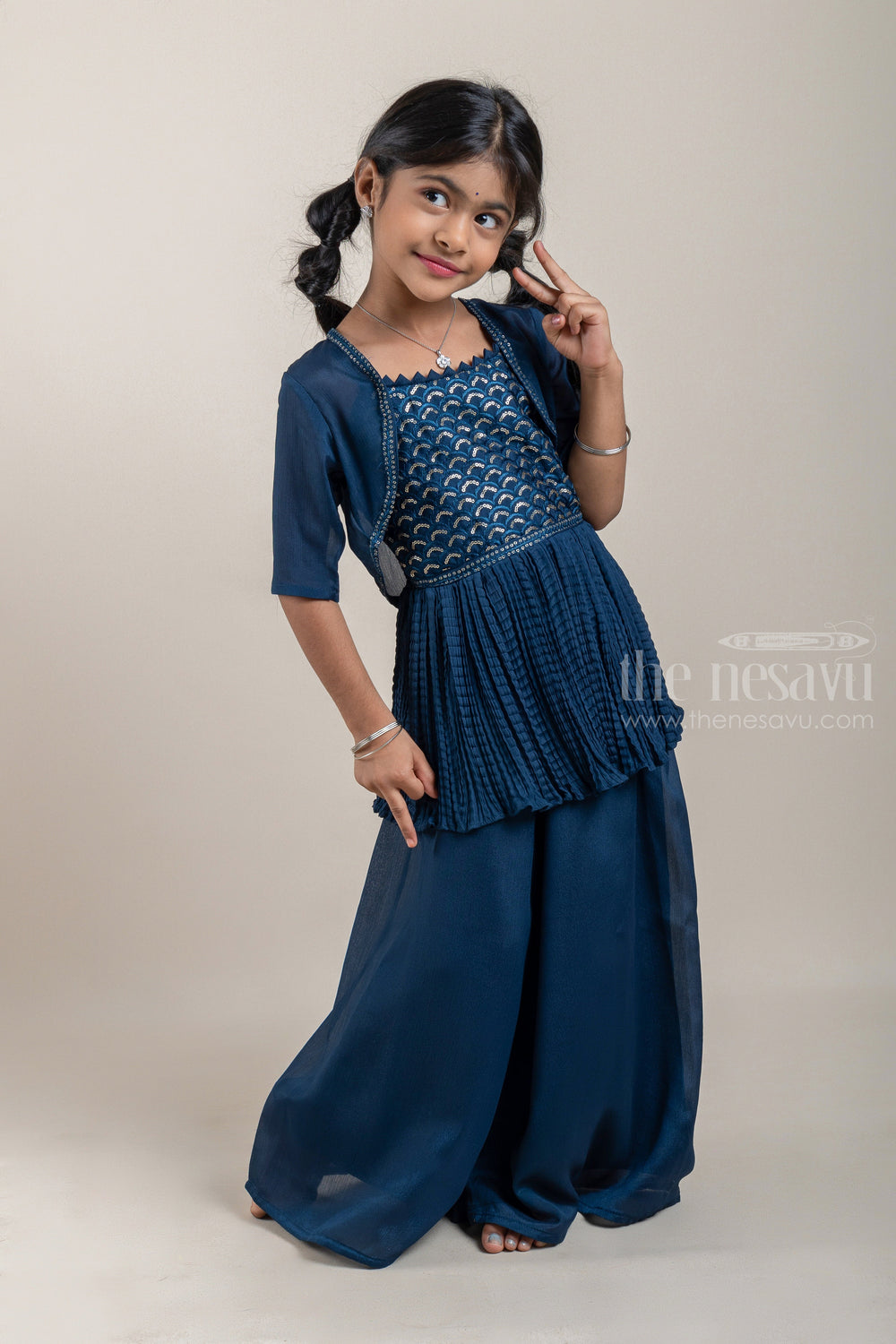 The Nesavu Girls Sharara / Plazo Set Glitter Sequins With Fish Scale Pattern Embroidered Navy Tunic Top And Palazzo Suit For Girls Nesavu Premium Kurti And Palazzo Suit For Girls | Girls Ethnic Wear | The Nesavu