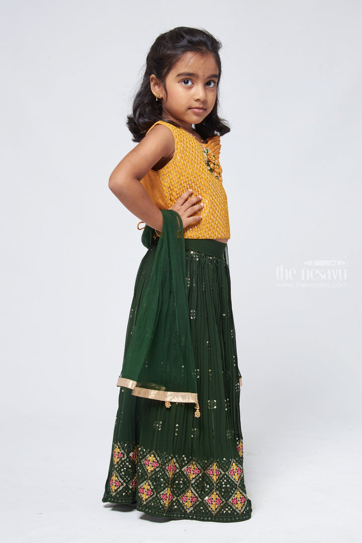 The Nesavu Lehenga & Ghagra Glittering Gold Sequined Georgette Lengha Choli Paired with Sun-kissed Yellow Blouse for Young Divas Nesavu Stylish Children’s Lehenga Choli Girls | Chaniya Choli For Girls | The Nesavu