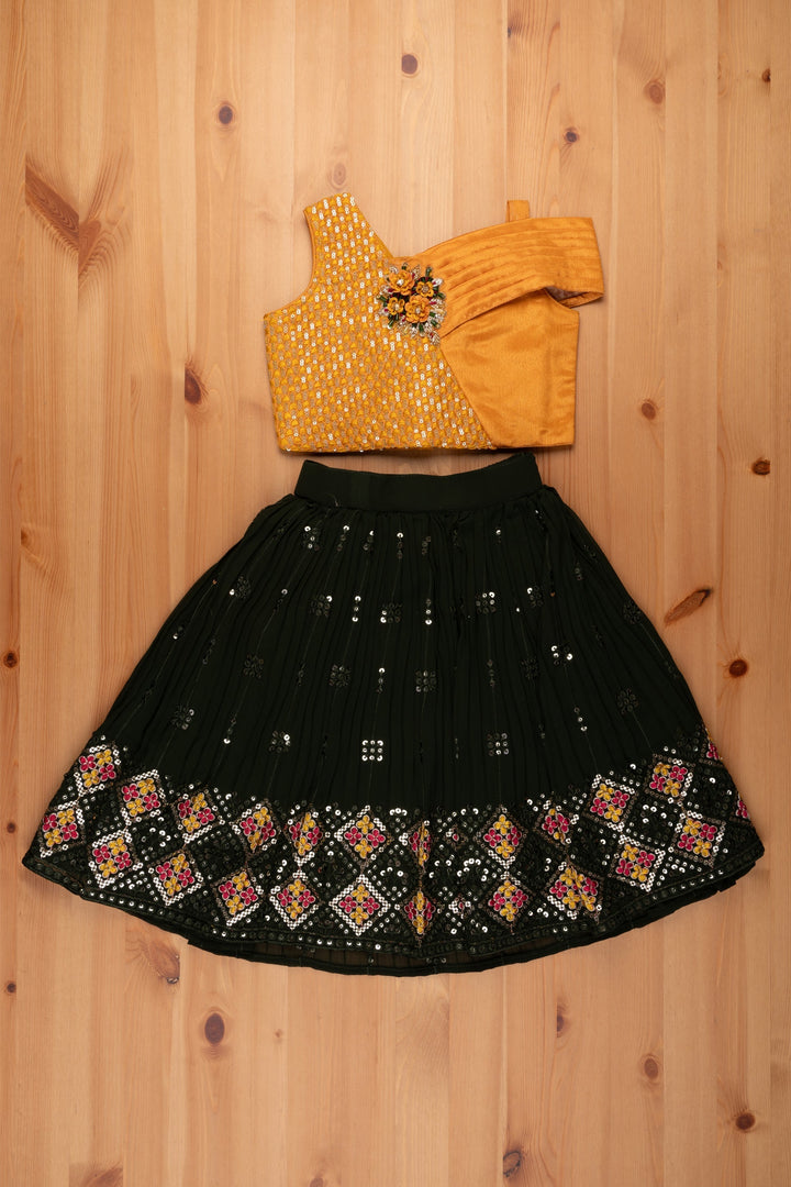 The Nesavu Lehenga & Ghagra Glittering Gold Sequined Georgette Lengha Choli Paired with Sun-kissed Yellow Blouse for Young Divas Nesavu Stylish Children’s Lehenga Choli Girls | Chaniya Choli For Girls | The Nesavu