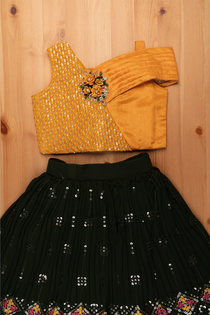 The Nesavu Lehenga & Ghagra Glittering Gold Sequined Georgette Lengha Choli Paired with Sun-kissed Yellow Blouse for Young Divas Nesavu Stylish Children’s Lehenga Choli Girls | Chaniya Choli For Girls | The Nesavu