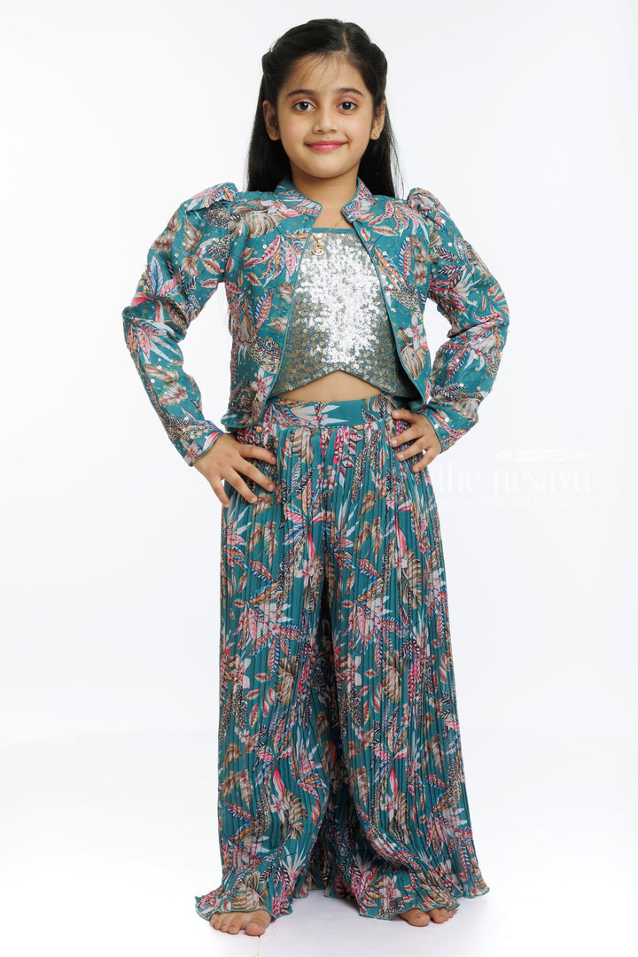 The Nesavu Girls Sharara / Plazo Set Glittering Soiree: Sequin Embroidered Crop Top with Jacket and Palazzo Ensemble Nesavu 24 (5Y) / Green / Chinnon GPS298A-24 Shop Designer Sequin Crop Top and Palazzo Set | The Ultimate Party Outfit | The Nesavu