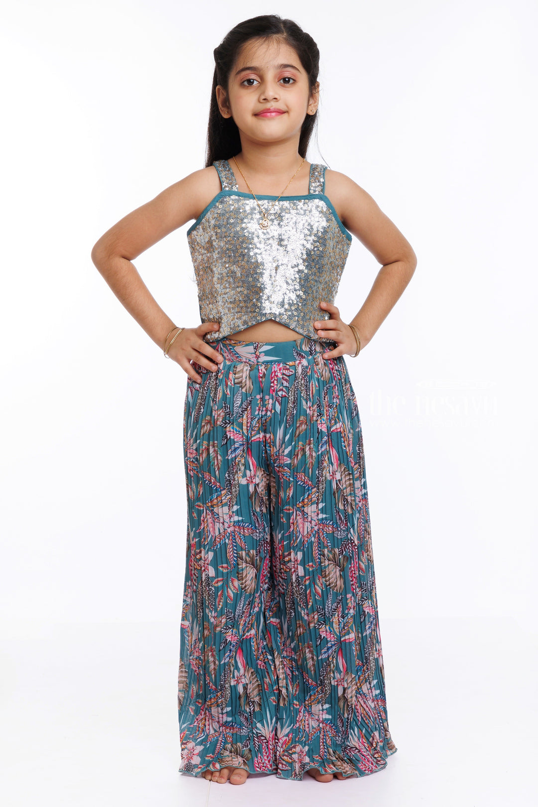 The Nesavu Girls Sharara / Plazo Set Glittering Soiree: Sequin Embroidered Crop Top with Jacket and Palazzo Ensemble Nesavu Shop Designer Sequin Crop Top and Palazzo Set | The Ultimate Party Outfit | The Nesavu