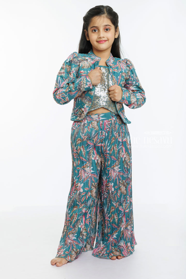 The Nesavu Girls Sharara / Plazo Set Glittering Soiree: Sequin Embroidered Crop Top with Jacket and Palazzo Ensemble Nesavu Shop Designer Sequin Crop Top and Palazzo Set | The Ultimate Party Outfit | The Nesavu