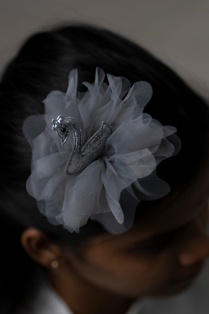 The Nesavu Hair Clip Glittery Silver Swan Tulle Hair Clip for Girls Nesavu Gray JHCL67B Girls Enchanted Silver Swan Tulle Hair Clip | Sparkly Hair Accessories for Children | The Nesavu