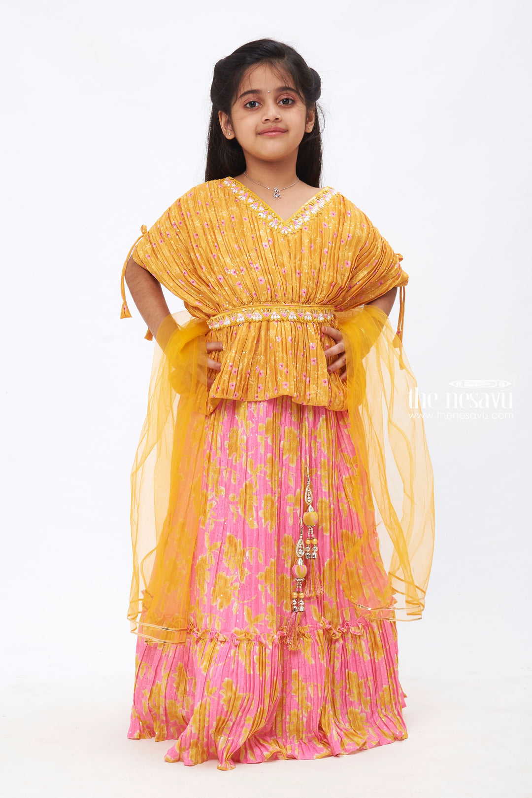 The Nesavu Girls Lehenga Choli Glowing Sequin Embroidered Yellow Poncho with Pink Patterned Lehenga for Girls Nesavu 24 (5Y) / Pink / Chinnon GL384A-24 Festive Flair for Little Girls | Stunning Lehenga Choli Sets | The Nesavu