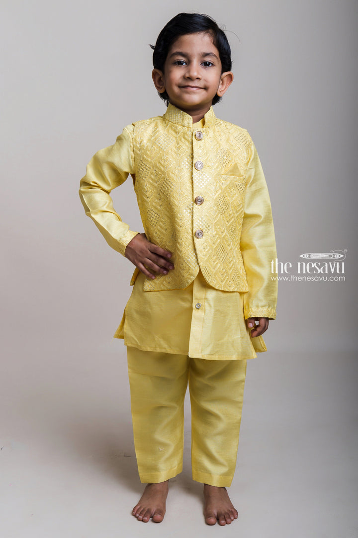 The Nesavu Boys Jacket Sets Glowing Yellow Three Piece Kurta With Buttoned Overcoat For Little Boys Nesavu 16 (1Y) / Yellow / Silk Blend BES256B-16 Fresh Three Piece Kurta Set For Boys| Designer Ethnic Wear| The Nesavu