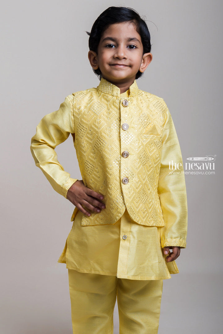 The Nesavu Boys Jacket Sets Glowing Yellow Three Piece Kurta With Buttoned Overcoat For Little Boys Nesavu Fresh Three Piece Kurta Set For Boys| Designer Ethnic Wear| The Nesavu