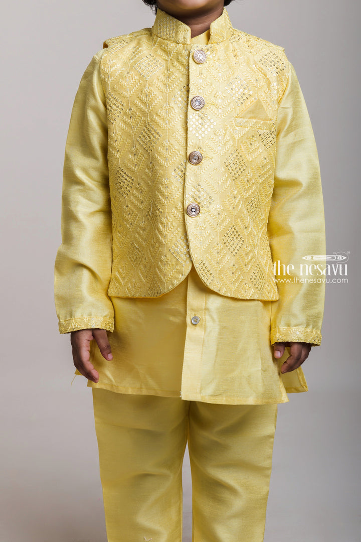 The Nesavu Boys Jacket Sets Glowing Yellow Three Piece Kurta With Buttoned Overcoat For Little Boys Nesavu Fresh Three Piece Kurta Set For Boys| Designer Ethnic Wear| The Nesavu