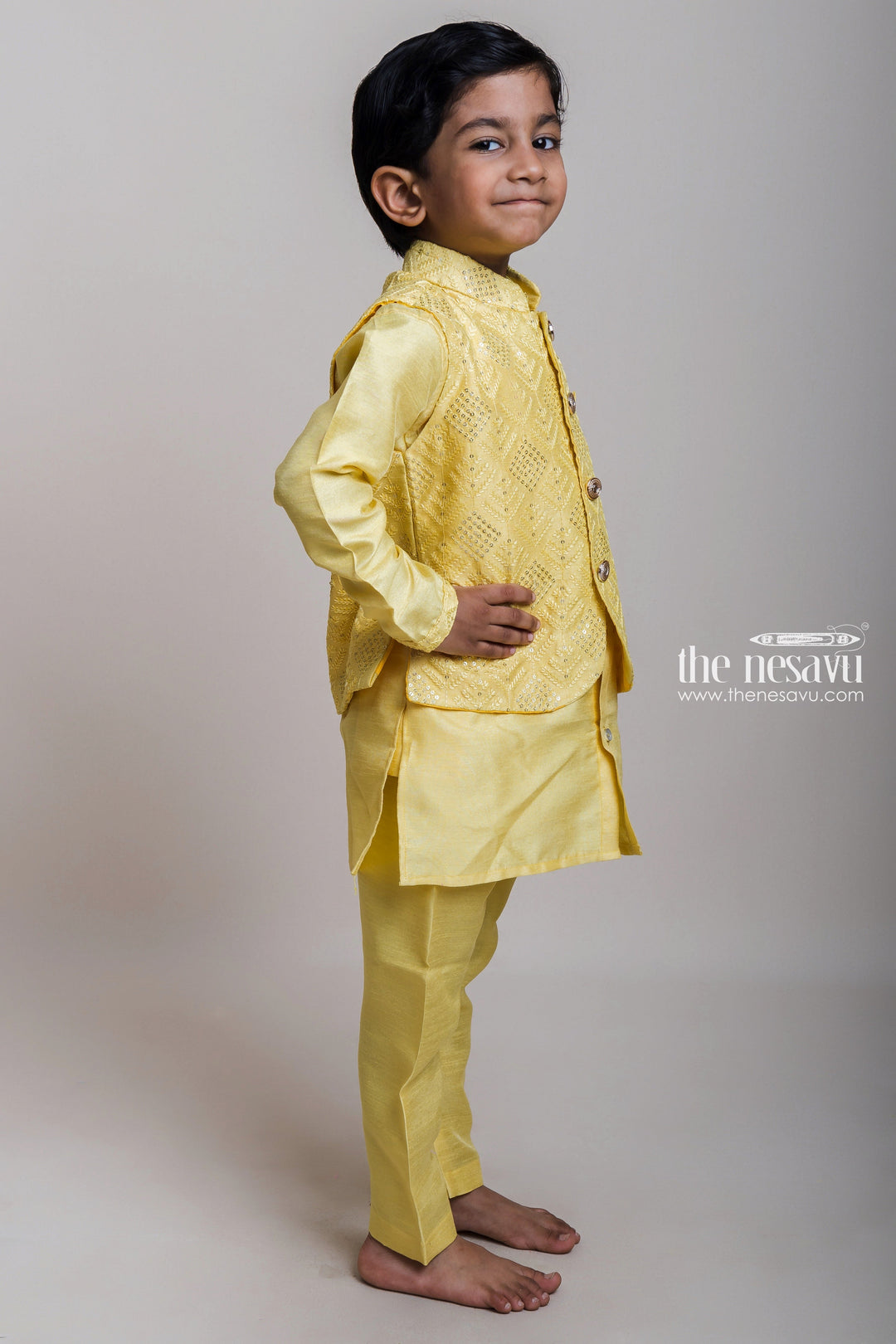 The Nesavu Boys Jacket Sets Glowing Yellow Three Piece Kurta With Buttoned Overcoat For Little Boys Nesavu Fresh Three Piece Kurta Set For Boys| Designer Ethnic Wear| The Nesavu