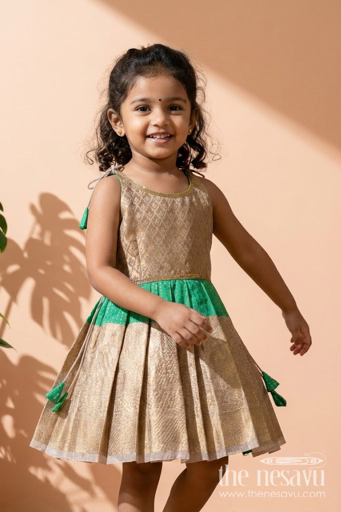 The Nesavu Tie-up Frock Gold and Green Frock for Baby Girls Semi Silk Ethnic Dress with Brocade Detailing Nesavu 18 (2Y) / Green / Style 1 SF1005BA-18 Nesavu Gold And Green Semi Silk Frock For Baby Girls Ethnic Brocade Tie-Up Dress For Weddings