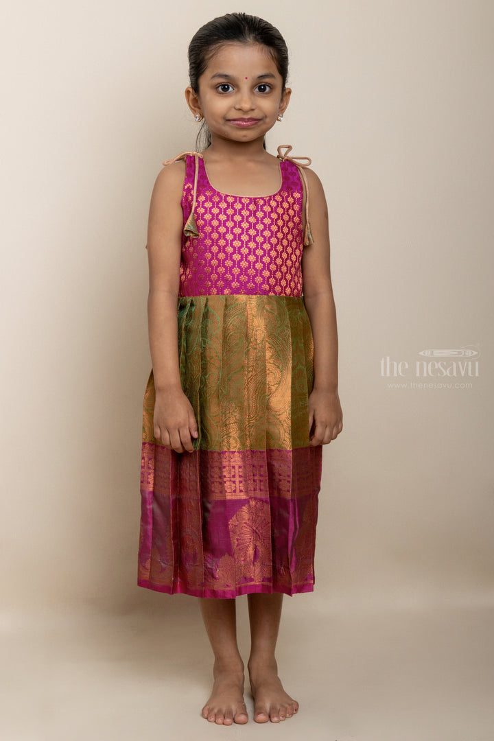 The Nesavu Tie-up Frock Gold And Pink Jacquard Printed Tie-Up Silk Frocks For Girls Nesavu 12 (3M) / Pink T266B-12 Silk Frocks For Girls | Latest Banaras Silk Dresses | The Nesavu