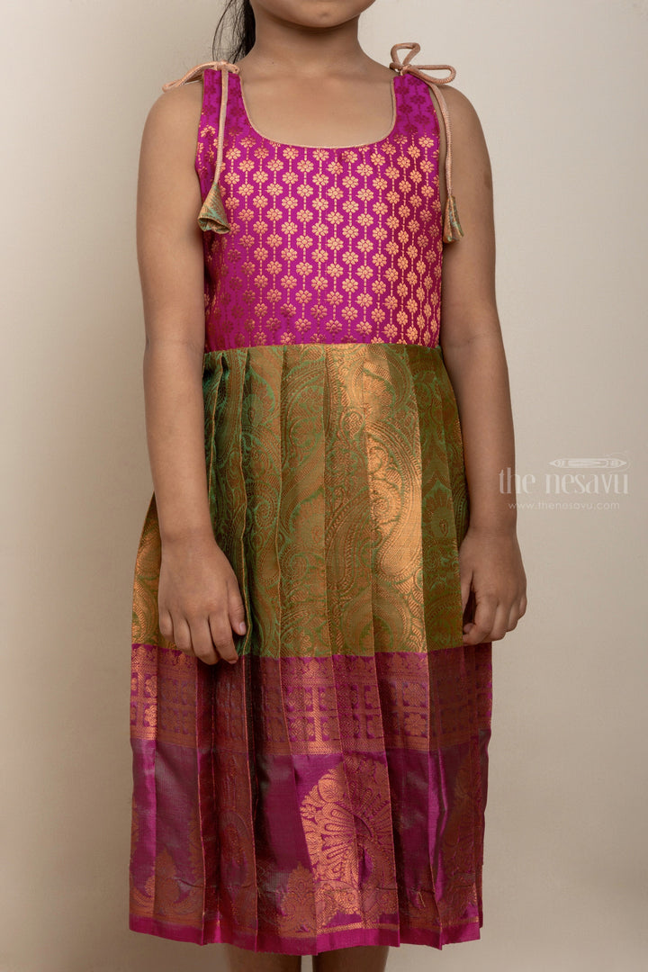 The Nesavu Tie-up Frock Gold And Pink Jacquard Printed Tie-Up Silk Frocks For Girls Nesavu Silk Frocks For Girls | Latest Banaras Silk Dresses | The Nesavu