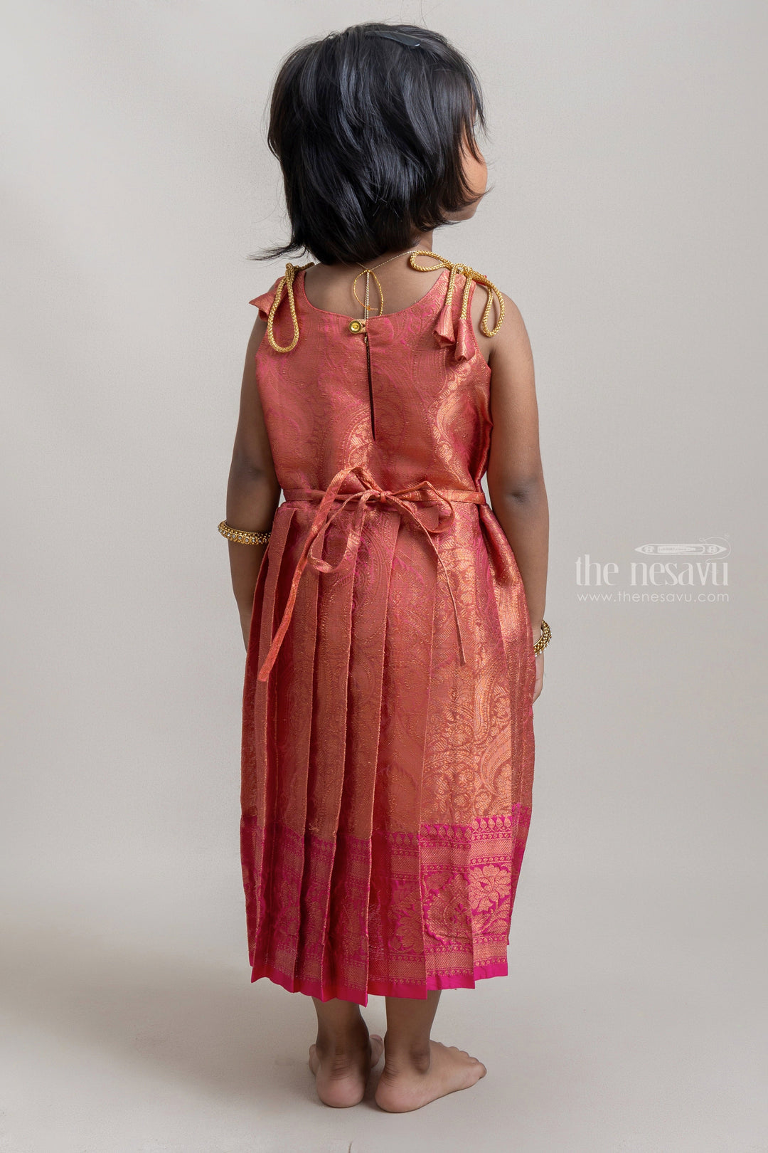 The Nesavu Tie-up Frock Gold And Pink Semi-Silk Tie-Up Frocks With Copper Toned Zari Border Nesavu Dynamic Tie-up Silk Frocks| Pattu Cheera Frocks| The Nesavu