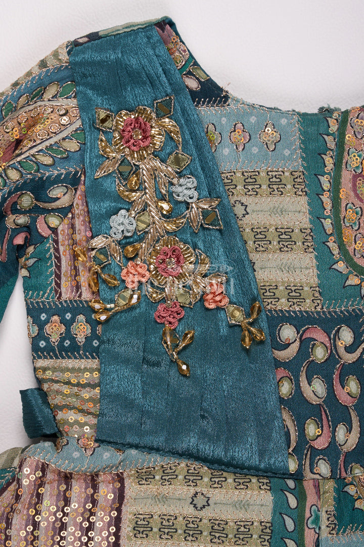 The Nesavu Girls Silk Gown Gold Puff Sleeve Girls Silk Gown with Intricate Red Border and Floral Waist Embroidery Nesavu Nesavu Girls Gold Tissue Silk Gown Red Border Puff Sleeves Embroidered Floral Waist