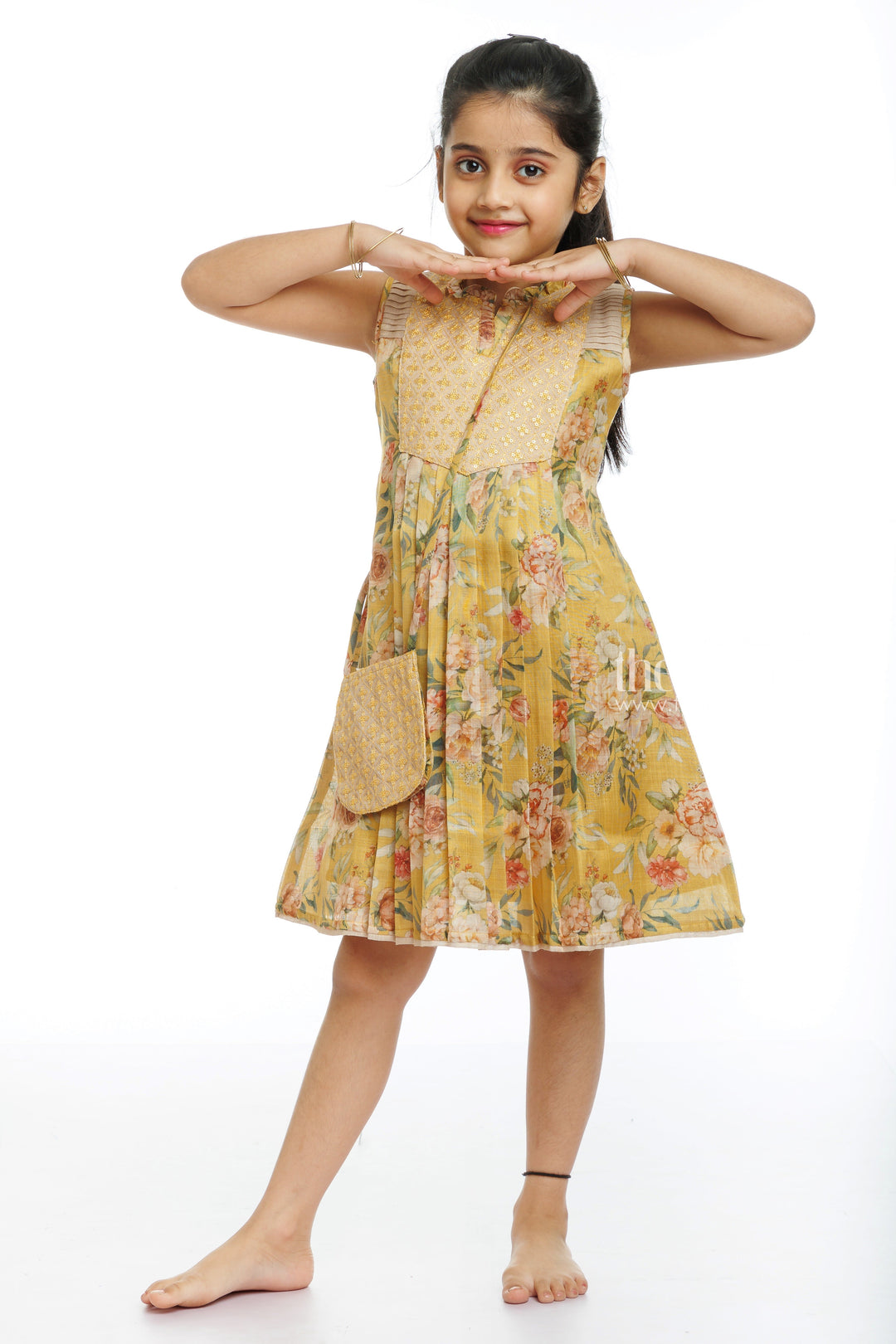 The Nesavu Girls Cotton Frock Golden Blossom: Girl's Playful Printed Cotton Frock Nesavu Get the Latest in Childrens Fashion with Our Designer Cotton Frocks | The Nesavu