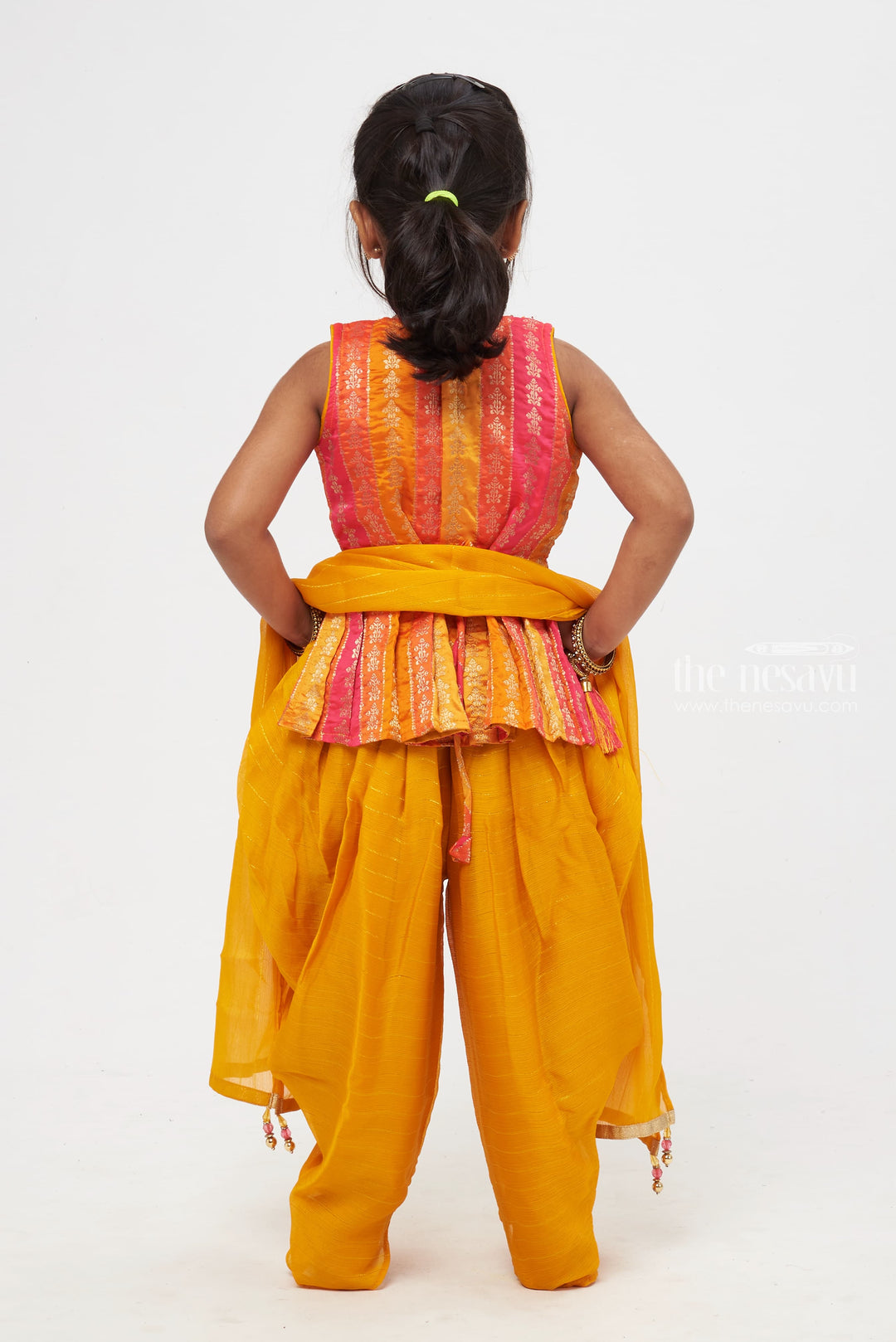 The Nesavu Girls Dothi Sets Golden Dusk: Girls Vibrant Yellow and Red Ensemble Nesavu Girls Vivid Orange and Red Kurti with Flowy Mustard Dhoti Pant | Festive Kids Wear | The Nesavu